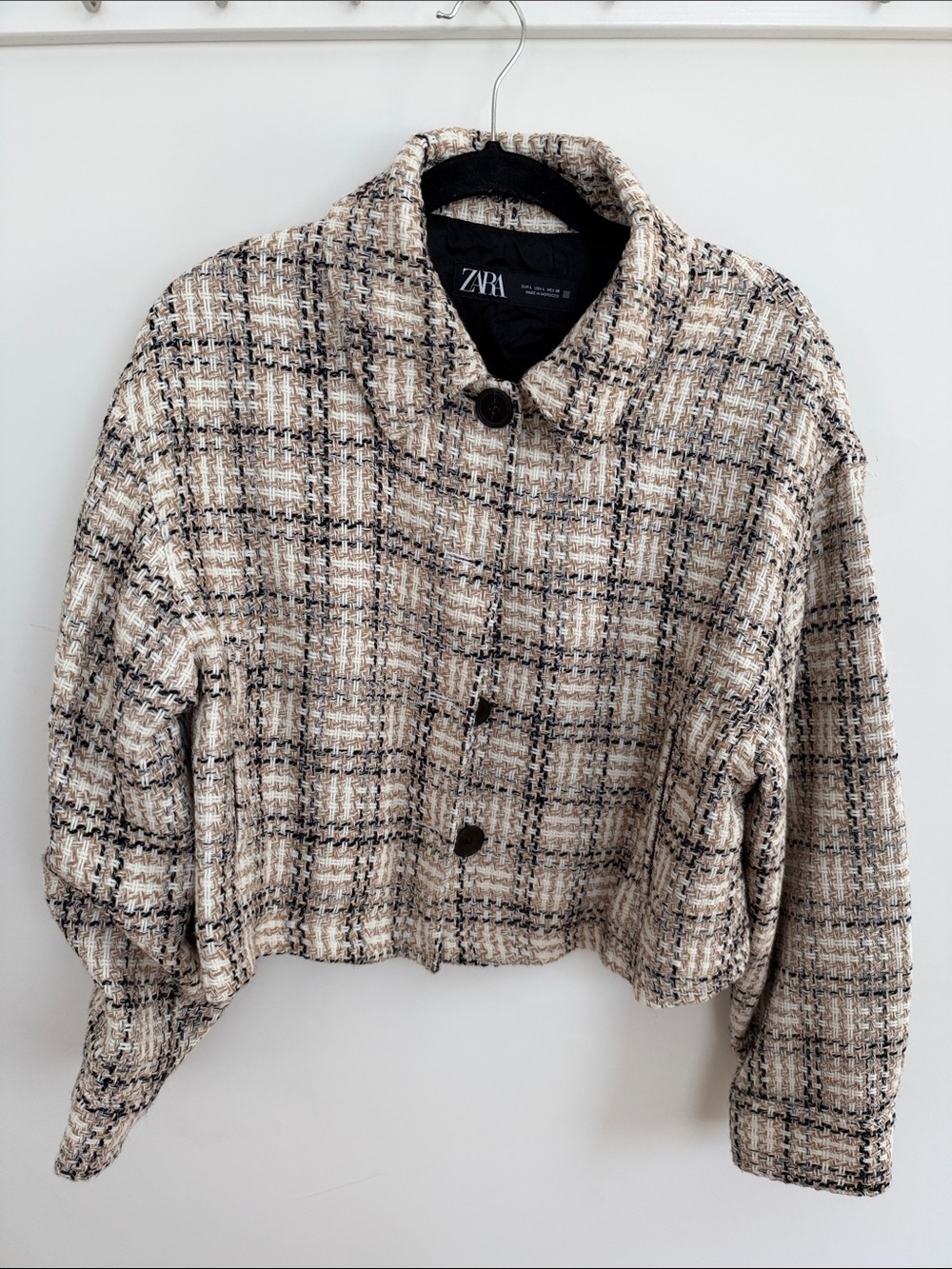 Zara Neutral Plaid Tweed Cropped Blazer size L NWOUT